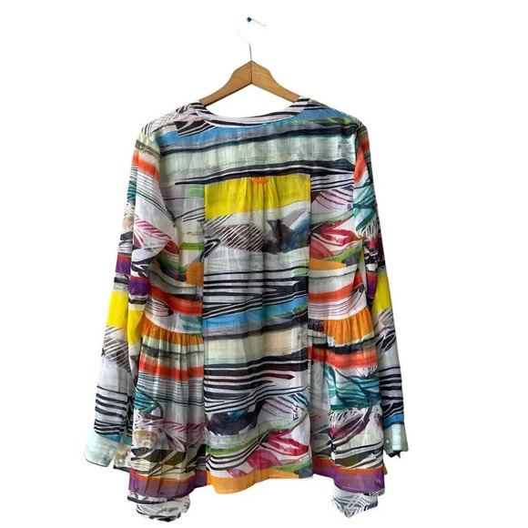 V CRISTINA Sheer Tunic Top Women’s L Multicolor Abstract V-neck Roll-tab Sleeves - Picture 2 of 3